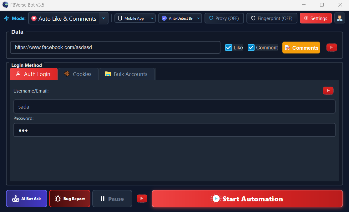 Automated Post Like & Comment Engine Screen