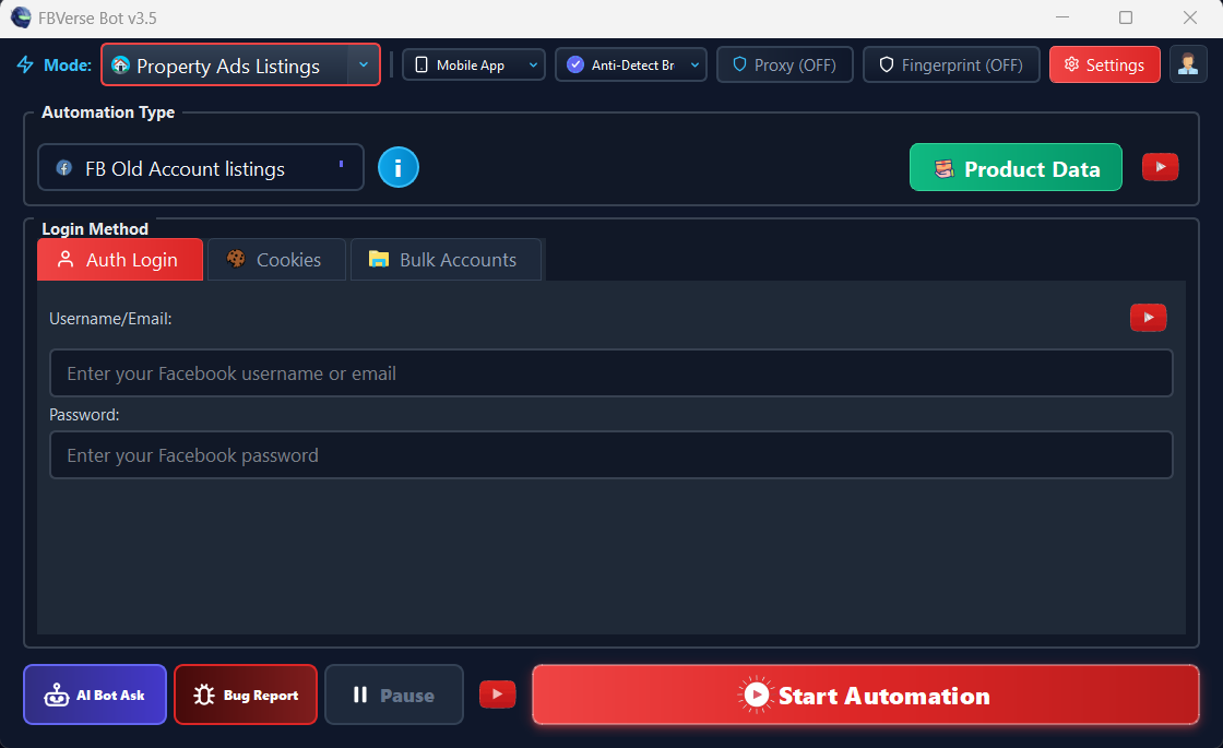 Facebook Property & Real Estate Auto Listing - FBVerse Bot v3.7 Interface Screenshot