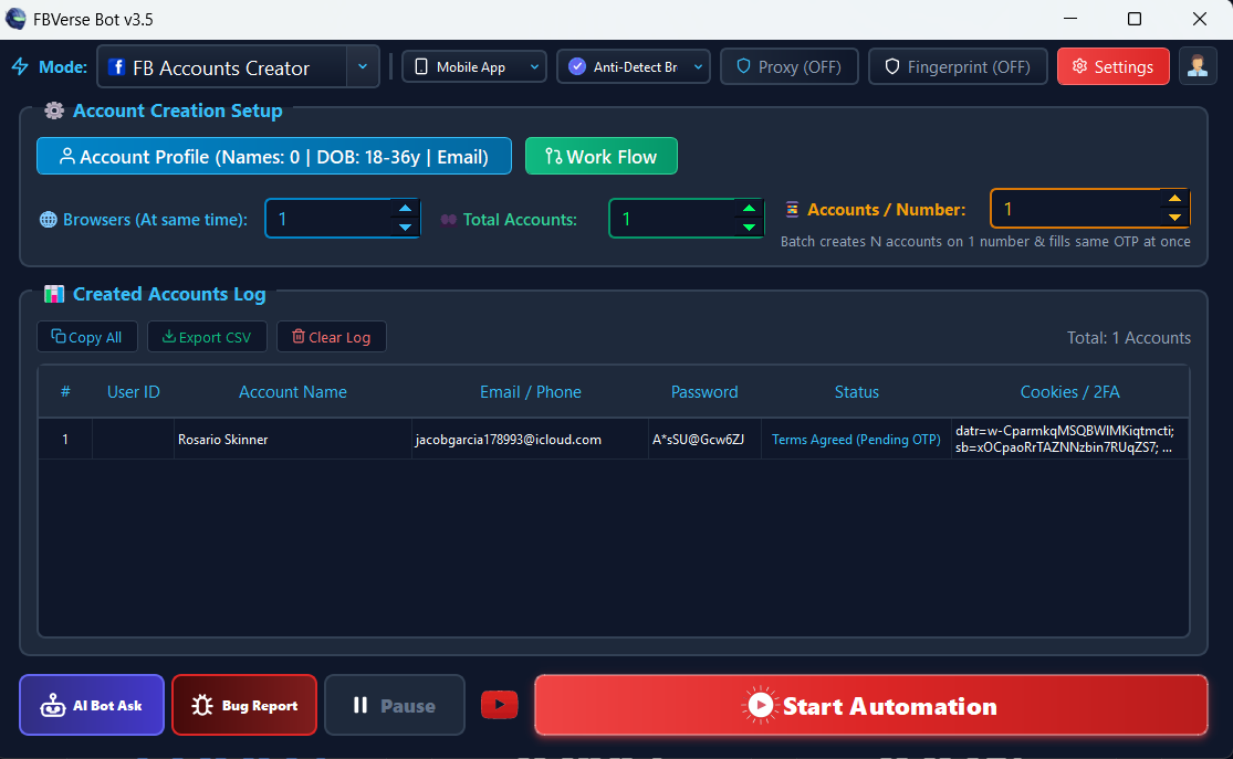 Unlimited Facebook Account Creator - FBVerse Bot v3.7 Screenshot