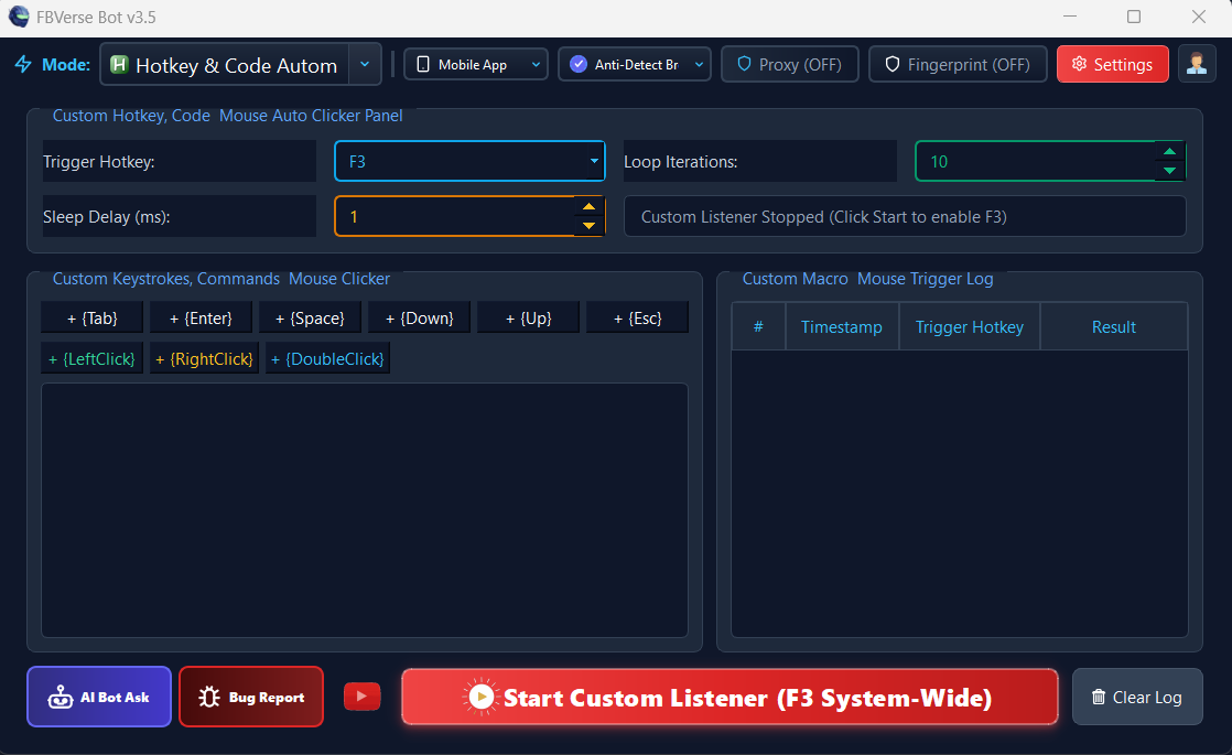 Custom Hotkeys & Quick Macro Automation - FBVerse Bot v3.7 Interface Screenshot