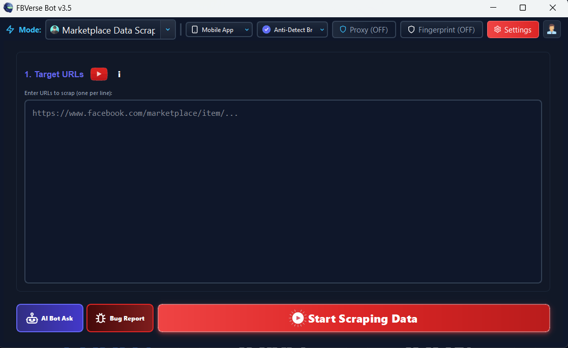 Facebook Marketplace Competitive Data Scraper - FBVerse Bot v3.7 Interface Screenshot